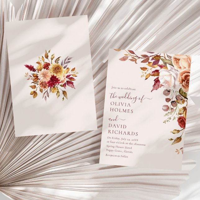 Modern Boho Terracotta Burnt Orange Floral Wedding Einladung (Modern Boho Terracotta Burnt Orange Floral Wedding Invitation on a sunny white dry palm leaf.)