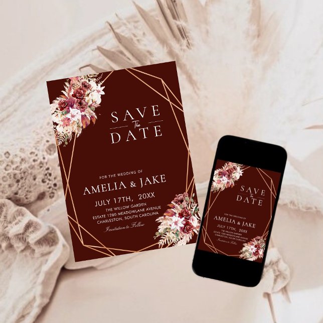 Modern Boho Terracotta Floral Photo Save The Date (Von Creator hochgeladen)
