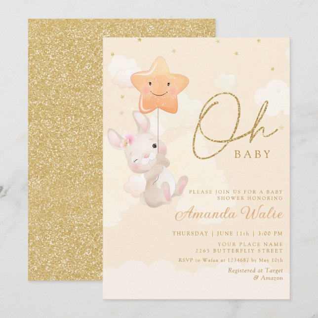 Modern Boho Watercolor Bunny Niedlich Girl Baby Du Einladung (Vorne/Hinten)