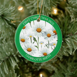 Modern Boho White Daisy Floral Erste Weihnachten Keramik Ornament