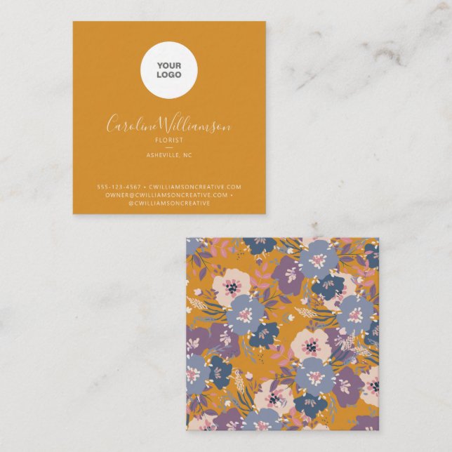 Modern Boho Yellow Floral Florist Logo Quadratische Visitenkarte (Vorne/Hinten)
