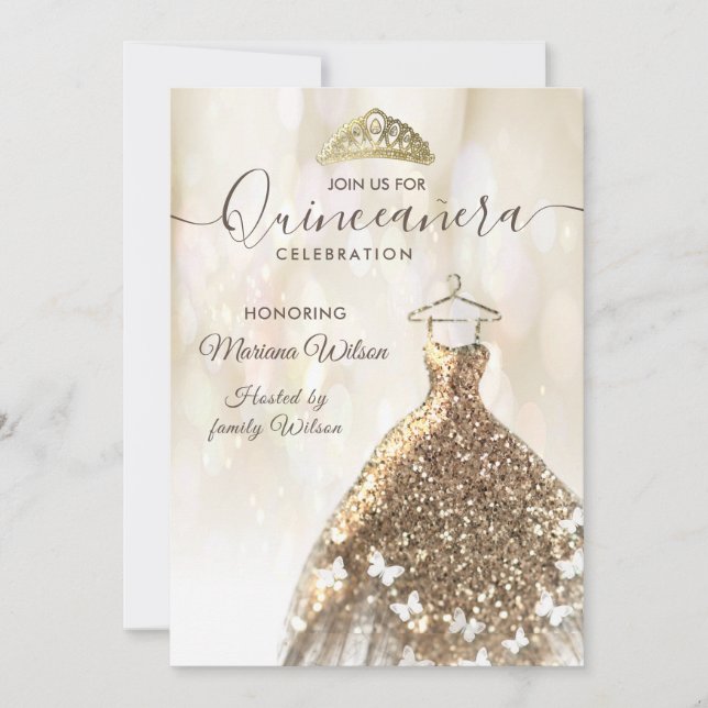 Modern Bokee Gold Schmetterling Kleid tiara Quince Einladung (Vorderseite)