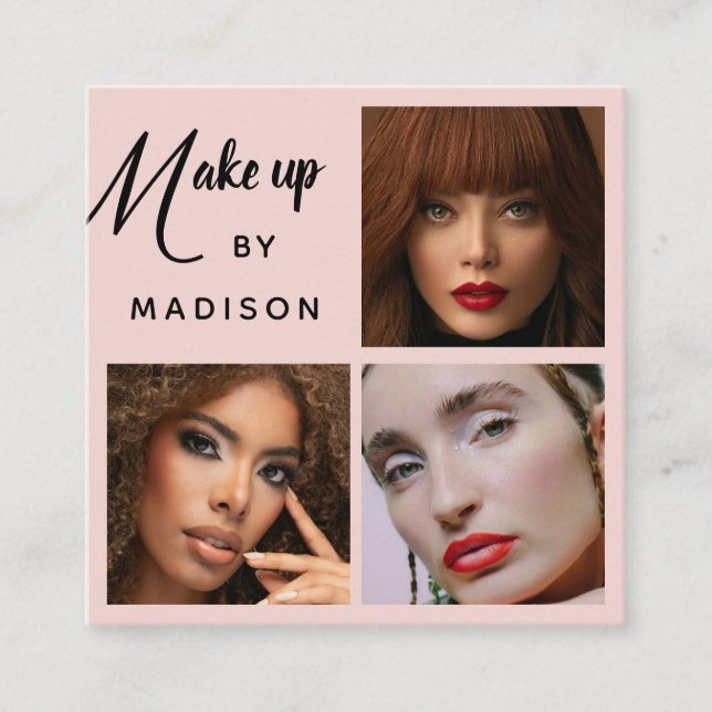 Modern Bold Black Script 3 Photo Makeup Quadratische Visitenkarte (Vorderseite)