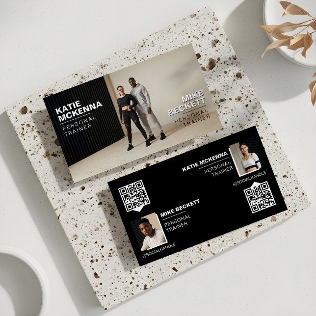 Modern Bold Personal Fitness Trainer Coach Photos Visitenkarte (Modern Partners Photo Fitness Trainer QR Code Business Card)