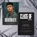 Modern Bold Photo Black Graduation Announcement Einladung<br><div class="desc">Make a statement with this modern bold Photo graduation announcement featuring a full photo layout and striking modern typography. Perfect for high school graduate or college graduate celebrations,  this minimalist graduation design highlights your senior portrait with a clean,  contemporary style that stands out. Created by Simply Farmhouse Press.</div>