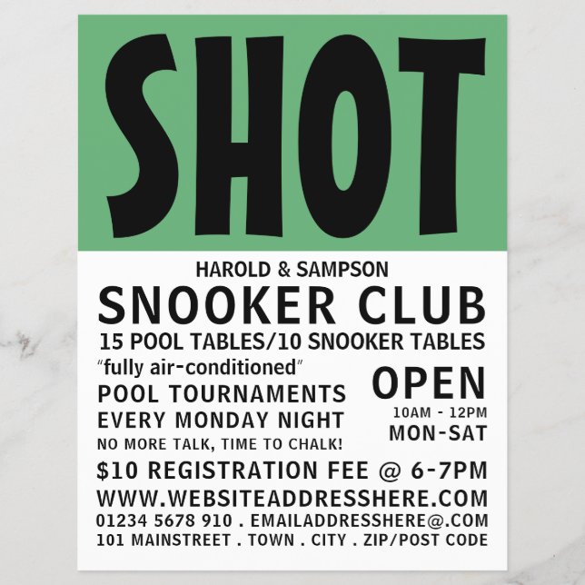 Modern Bold, Pool Club, Snooker Club Werbung Flyer (Vorne)