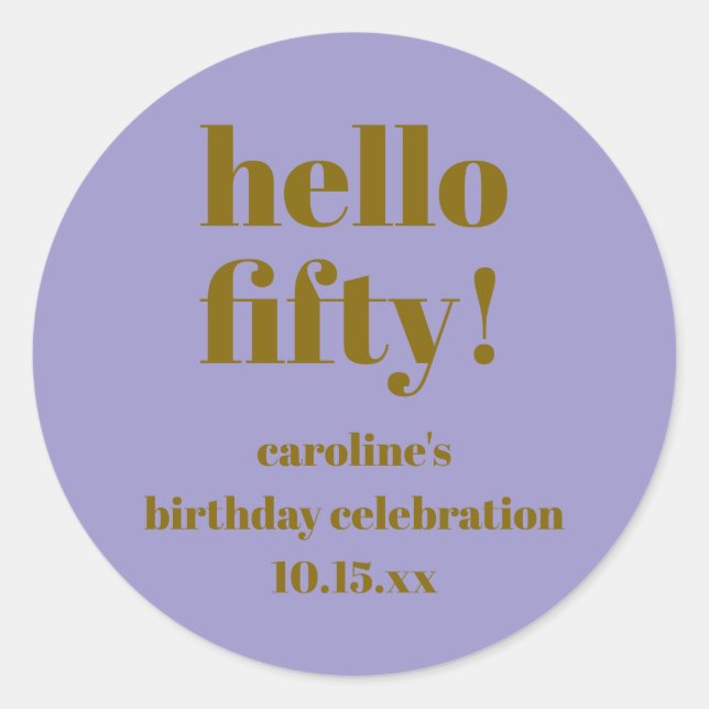 Modern Bold Purple Gold 50th Birthday Custom Runder Aufkleber (Vorderseite)