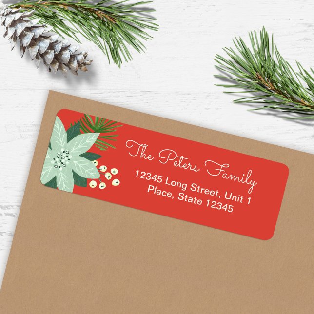 Modern Bold Red Floral Frohe Weihnachtsrede (Modern Bold Red Floral Merry Christmas address Label)