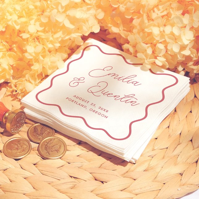 Modern Bold Red Wavy Frame Retro Wedding Serviette (Von Creator hochgeladen)