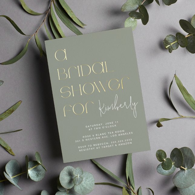 Modern Bold Sage Green Bridal Shower Gold Folieneinladung (Von Creator hochgeladen)