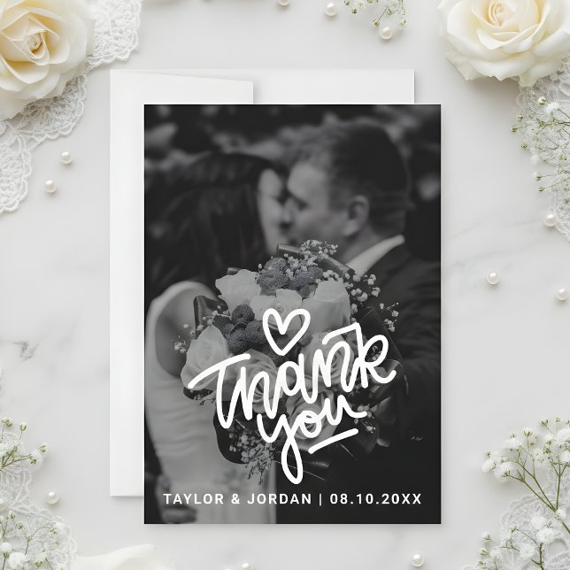 Modern Bold Script Heart Photo Wedding  Dankeskarte (Von Creator hochgeladen)