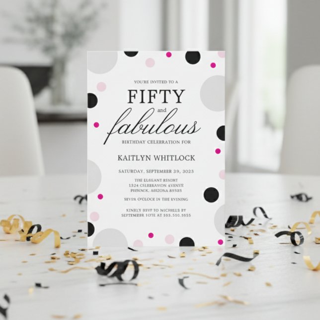 Modern Bold Typography Script 50th Birthday Party Einladung (modern pink script fifty and fabulous 50th birthday party invitation polka dots black grey hot pink)