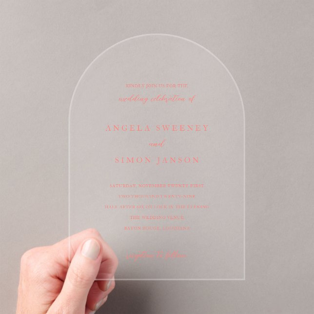 Modern Bold Vibrant Coral Simple Wedding Acryleinladungen (Insitu (Handheld))