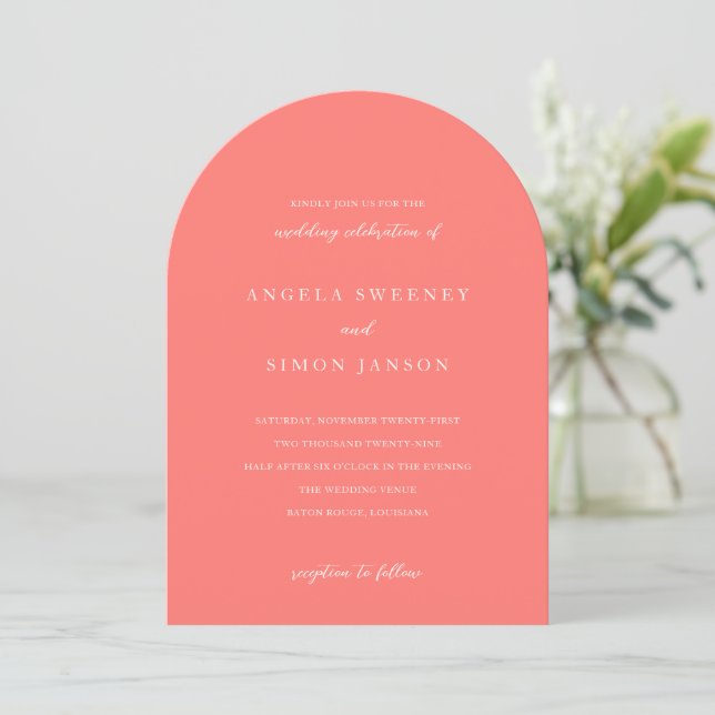 Modern Bold Vibrant Coral Simple Wedding Einladung (Stehend Vorderseite)