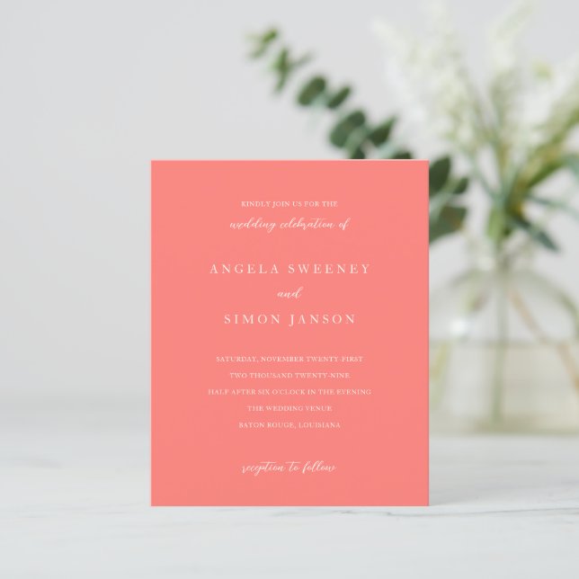 Modern Bold Vibrant Coral Wedding Invitation (Stehend Vorderseite)