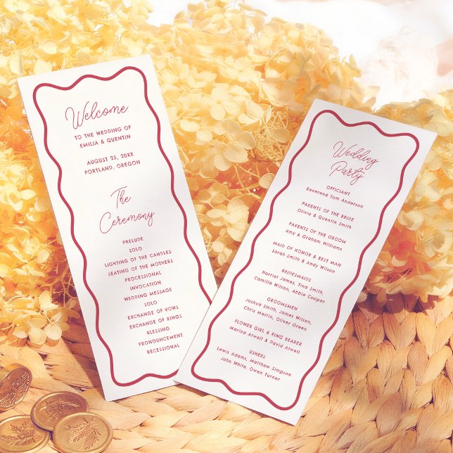 Modern Bold Wavy Frame Retro Red Wedding Programm (Von Creator hochgeladen)