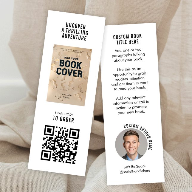 Modern Book Launch Author Photo Mini Bookmark Card Mini Visitenkarte (MINI 3x1" Bookmark with custom author and book cover photos + fully editable text and QR code)
