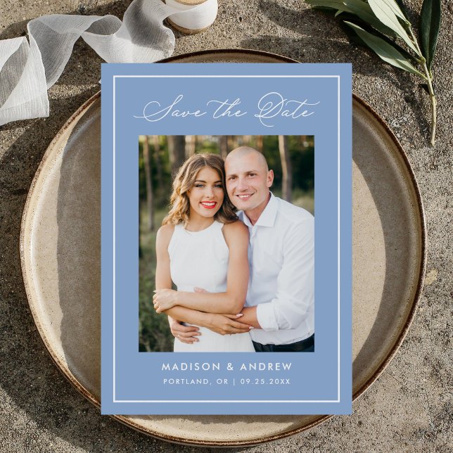 Modern Border Script Blue Photo Wedding Save The Date (Von Creator hochgeladen)
