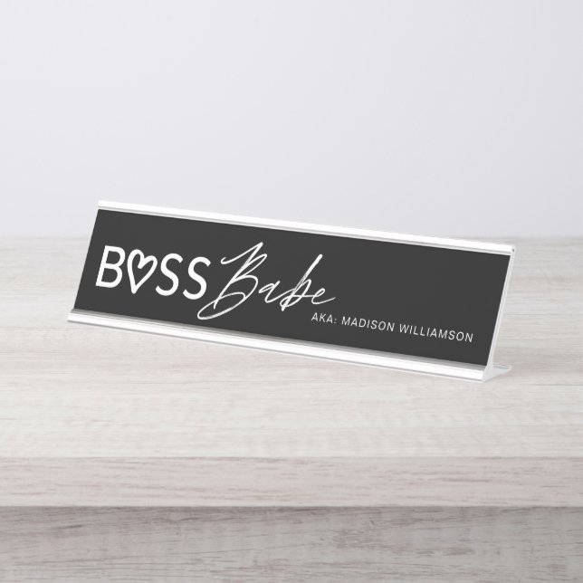 Modern Boss Babe Stilvolles Schwarz & Weiß Schreibtischnamensplakette (Vorderseite )