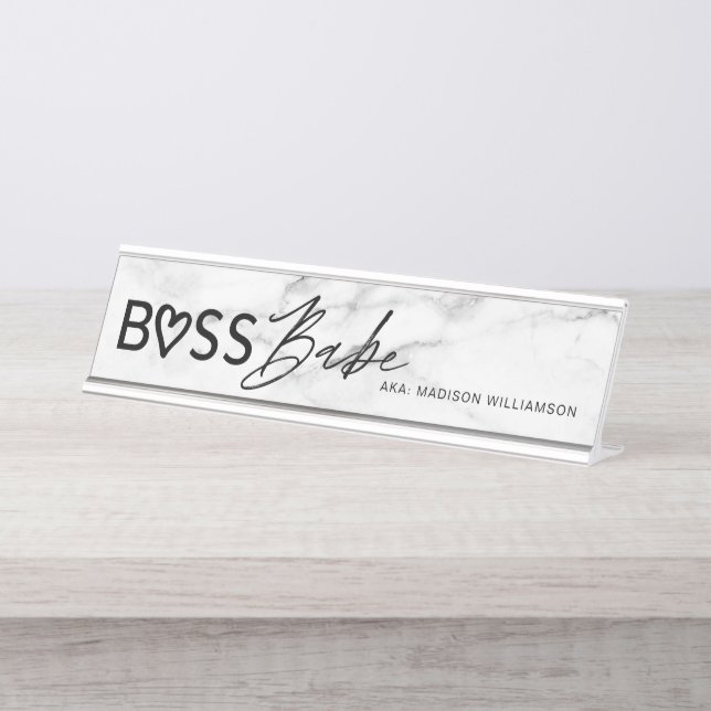 Modern Boss Babe Stilweißer grauer Marmor und Schw Schreibtischnamensplakette (Vorderseite )