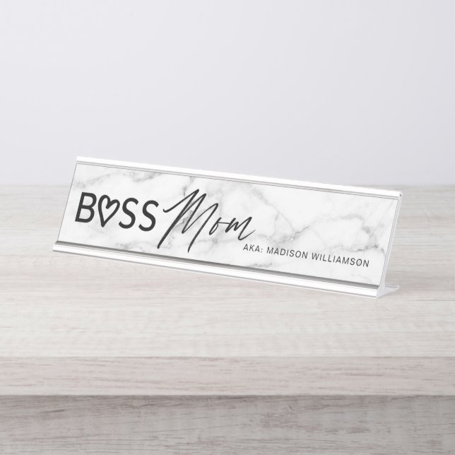 Modern Boss Mama Stilvoll Weiß grauer Marmor & Sch Schreibtischnamensplakette (Vorderseite )