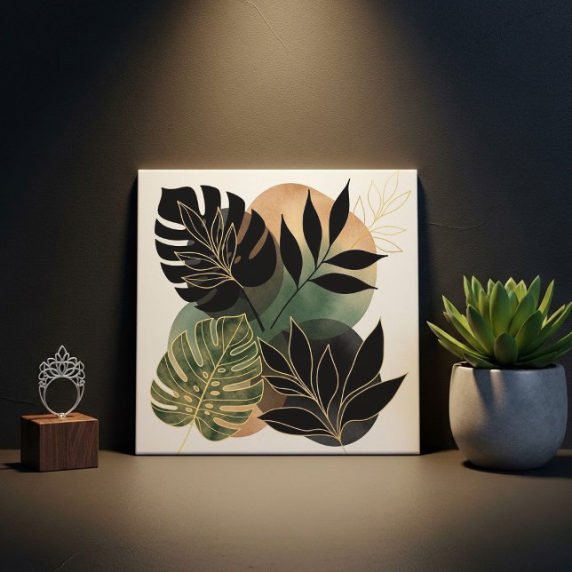 Modern Botanical Abstract Art Black and Gold Leave Fliese (Von Creator hochgeladen)