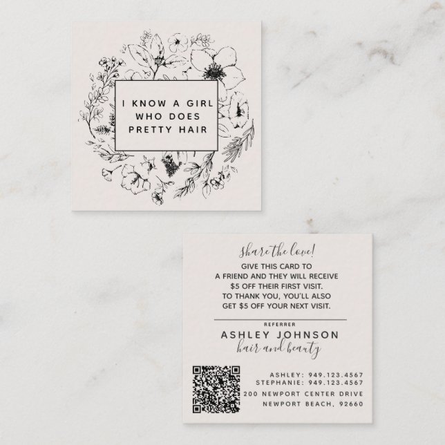 Modern Botanical Blush and Black Referral Card Quadratische Visitenkarte (Vorne/Hinten)
