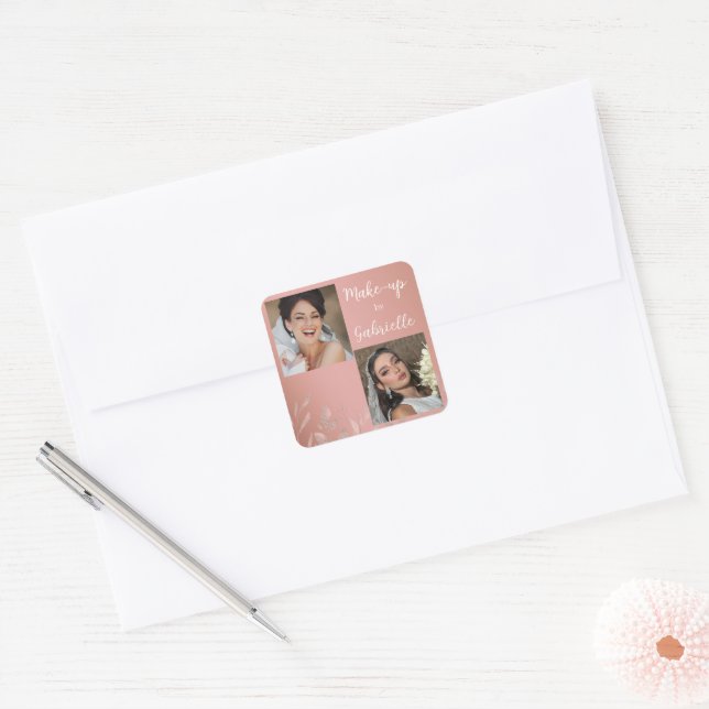 Modern Botanical Dusty Rose Boho Photo Script  Quadratischer Aufkleber (Umschlag)
