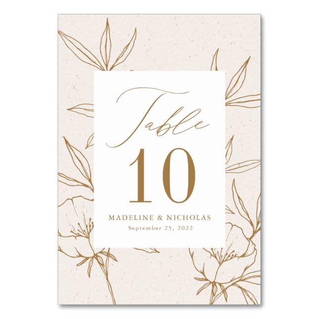 Modern Botanical Floral Cream & Gold Wedding Tischnummer (Vorderseite)