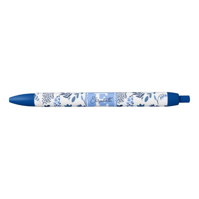 Modern Botanical Folk Art Blue Flowers Monogram Kugelschreiber (Vorderseite)