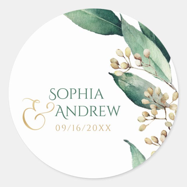 Modern botanical greenery rustic wedding monogram runder aufkleber (Vorderseite)
