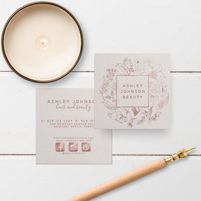 Modern Botanical Rose Gold Blush Pink Quadratische Visitenkarte (Von Creator hochgeladen)