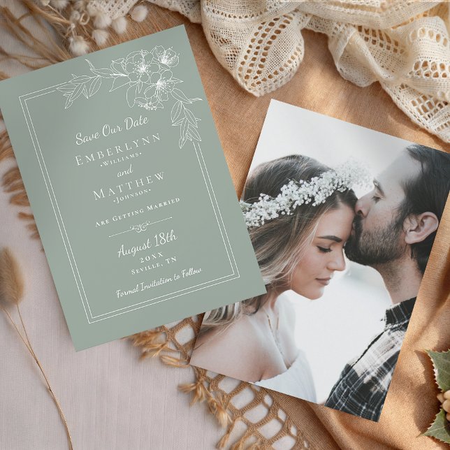 Modern Botanical Sage Green Photo Wedding Save The Date (Modern Botanical Sage Green Photo Wedding Save The Date)