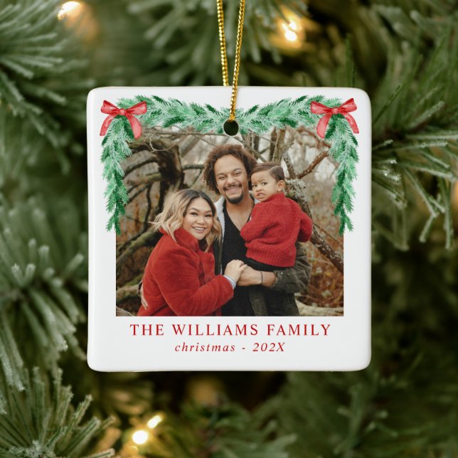 Modern Bow frohe Weihnachten Familie Foto Keramikornament (Baum)