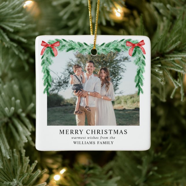 Modern Bow frohe Weihnachten Familie Foto Keramikornament (Baum)