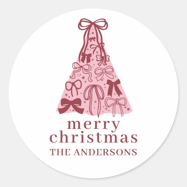 Modern Bow Pink Christmas Tree Runder Aufkleber (Vorderseite)