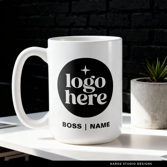 Modern Branded Logo Employee Coffee Mug Kaffeetasse (Mug shown in 15 oz. Add your logo and name, website, or tagline. Choose size and mug style.)