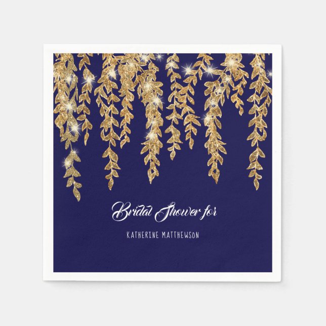 Modern Brautparty Navy Gold Twinkle Lights Leaf Serviette (Vorderseite)
