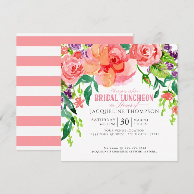 Modern Bridal Luncheon Floral Cornfloral Rosen Einladung (Vorne/Hinten)