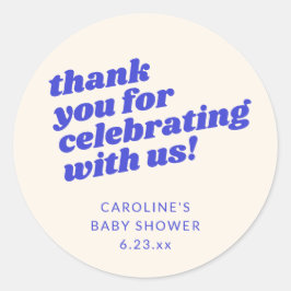 Modern Bright Blue Retro Baby Shower Thank You Runder Aufkleber