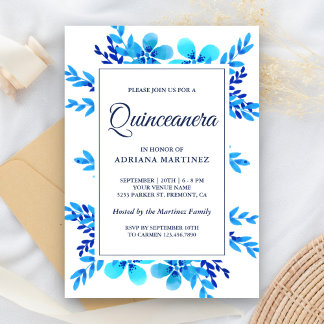 Modern Bright Blue Watercolor Floral Quinceanera Einladung