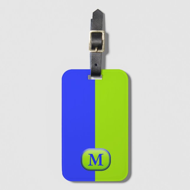 Modern Bright Neon Blue Green Monogramm Gepäckanhänger (Vorderseite Vertikal)