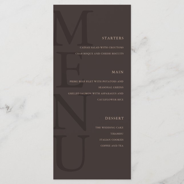 Modern Brown Minimalist Wedding Menükarte (Vorderseite)