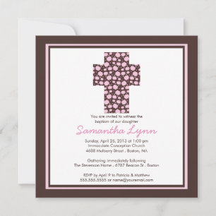 Modern Brown Pink Cross Girls Taufe Einladung