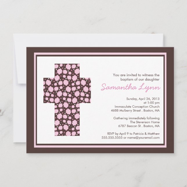 Modern Brown Pink Cross Girls Taufe Einladung (Vorderseite)