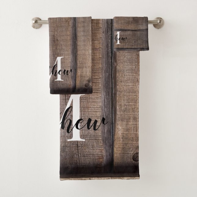 Modern Brown Rustic Monogram Script Name Badhandtuch Set (Insitu)