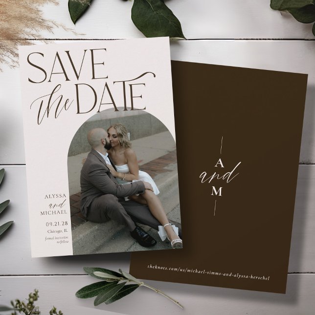 Modern Brown Simple Arch Foto Elegante Hochzeit Save The Date (Elegant modern arch photo typography inline monogram simple beige and brown wedding save the date)