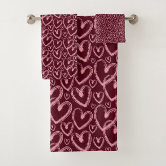 Modern Brush Heart Burgundy Pink Pattern Badhandtuch Set