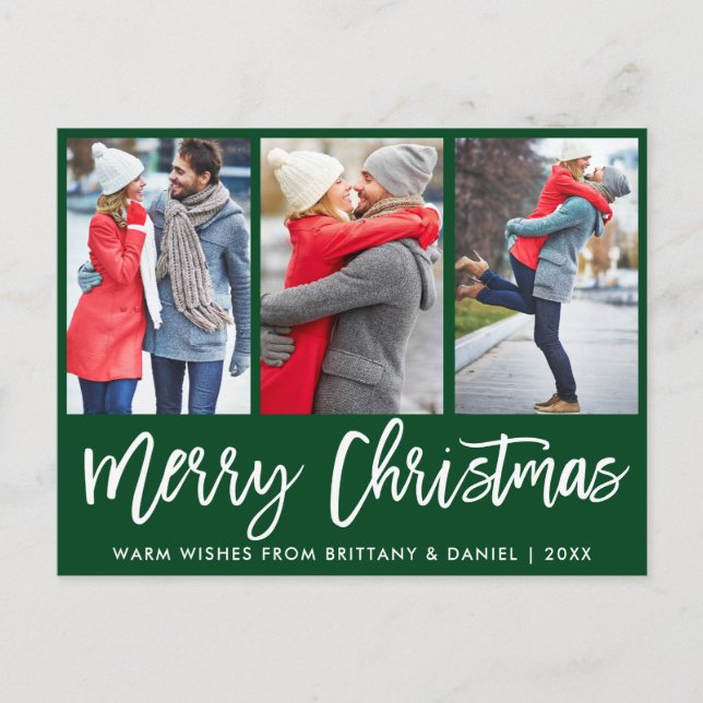 Modern Brush Script 3 Foto Couple Christmas Green Postkarte (Vorderseite)