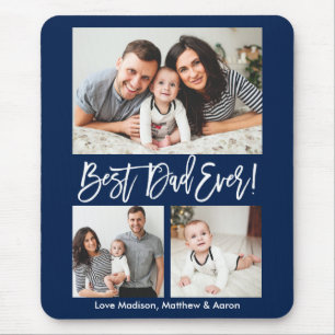 Modern Brush Script Bester Vater für 3 Fotos Blau Mousepad